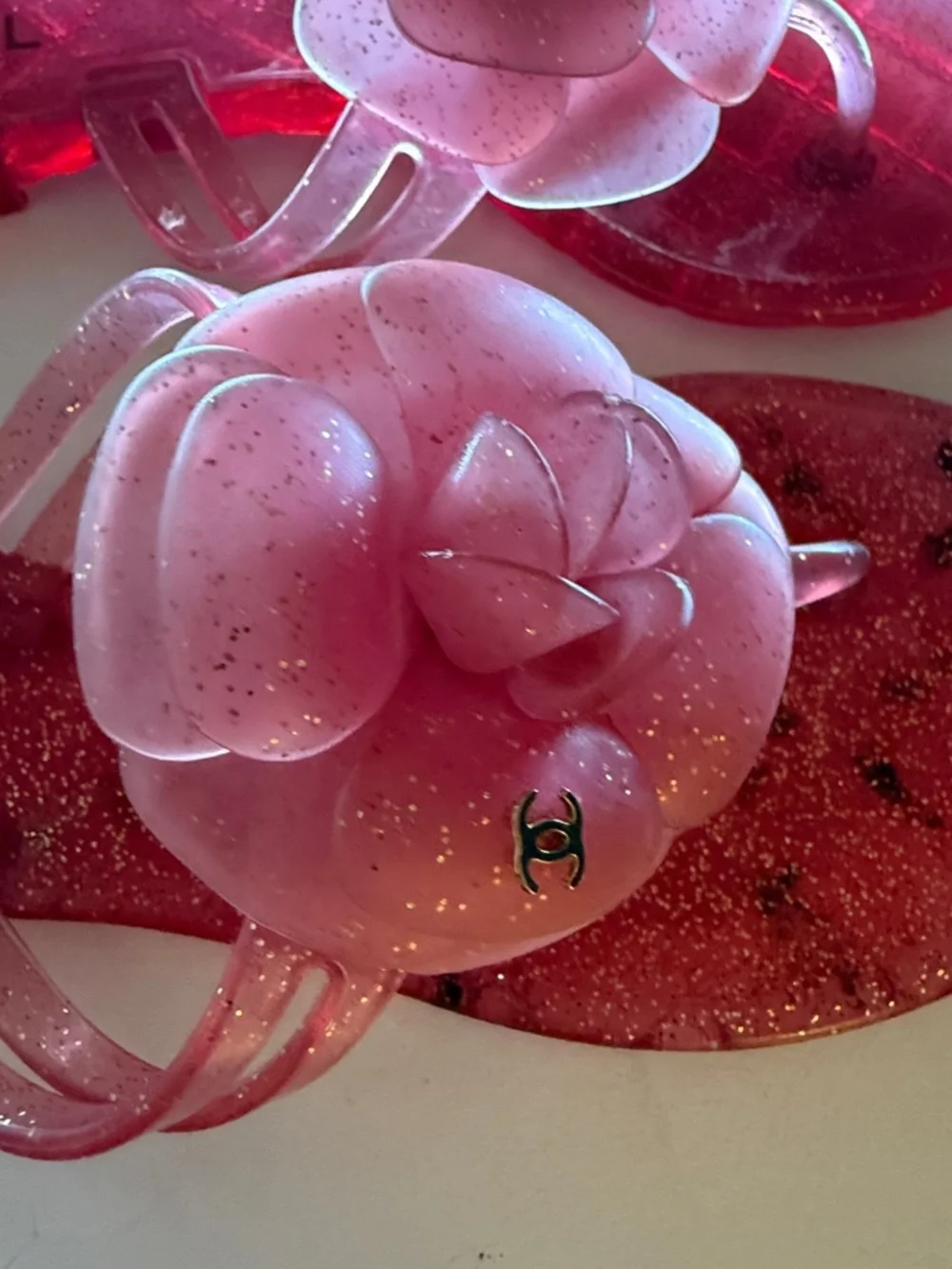 CHANEL Pink Jelly Camellia Slide Sandals with Gold CC Accents